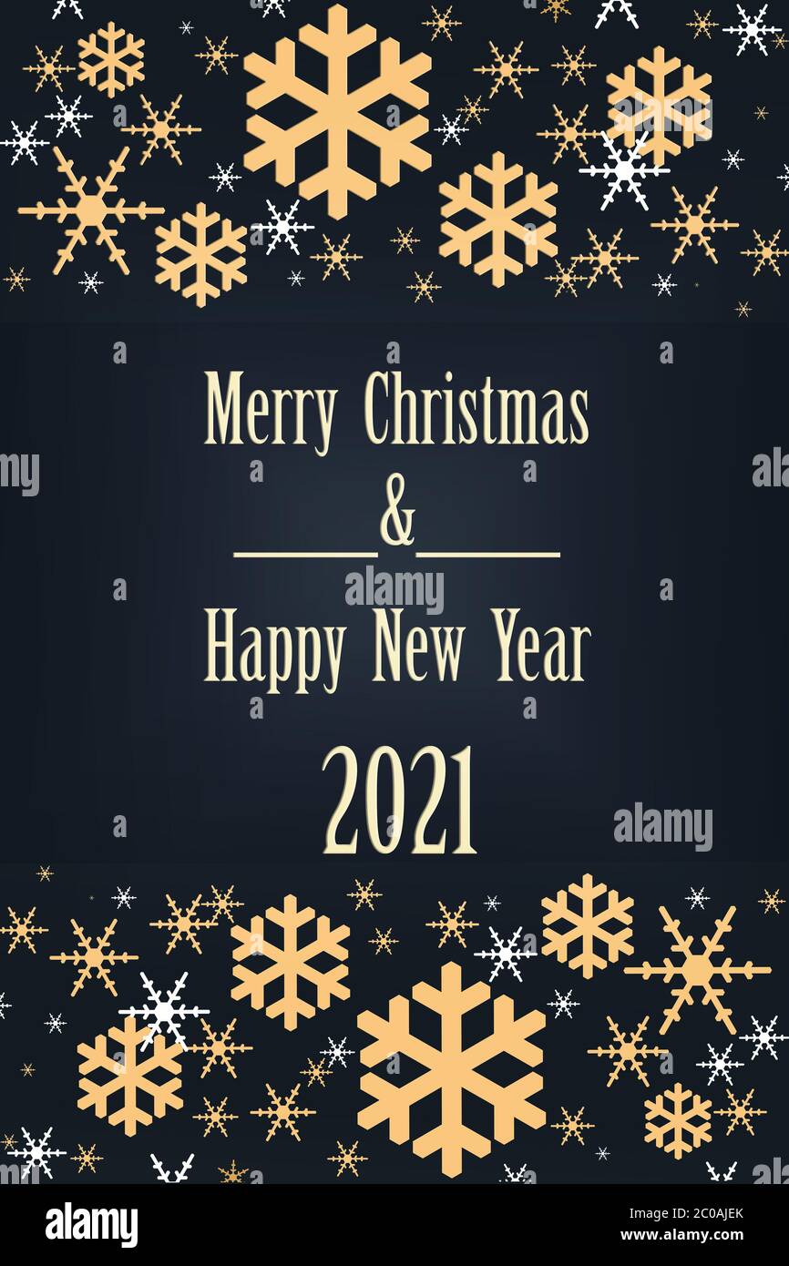 Texte Joyeux Noël et 2021 bonne année. Illustration sur fond bleu foncé dramatique. Noël de luxe et nouvel an avec des flocons de neige dorés brillants. Verticale Banque D'Images