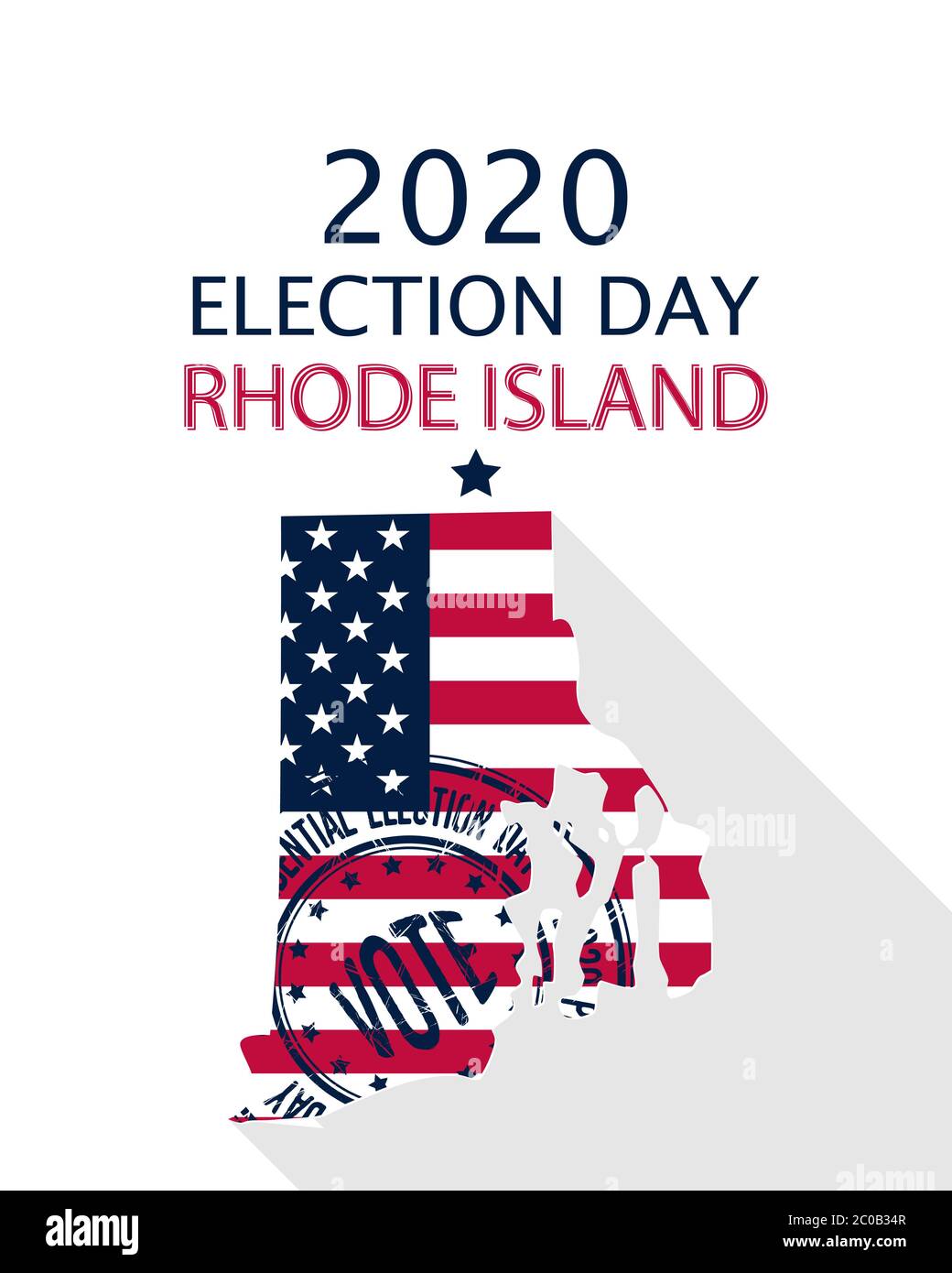 2020 États-Unis d'Amérique élection présidentielle modèle de vecteur Rhode Island. Drapeau des États-Unis, timbre de vote et silhouette du Rhode Island Illustration de Vecteur