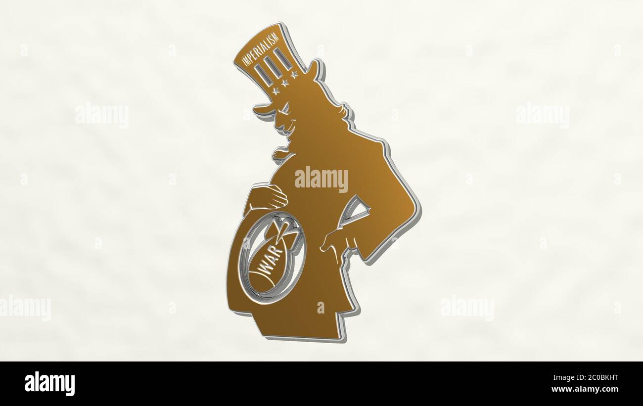 Oncle Sam avec le signe de guerre d'un point de vue sur le mur. Une sculpture épaisse en matériaux métalliques de rendu 3D Banque D'Images