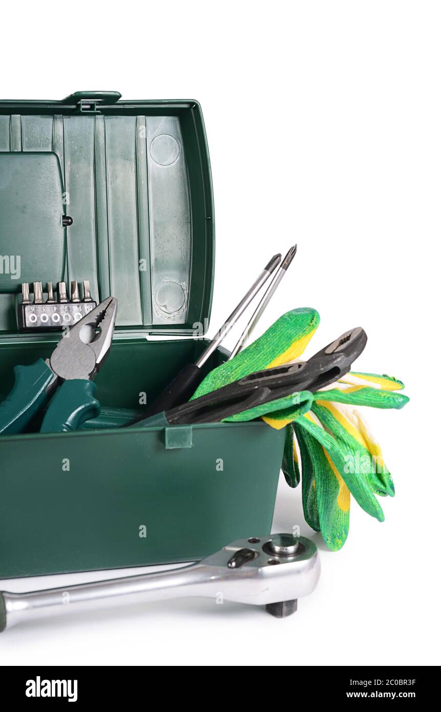 Boîte avec des outils de construction isolé Banque D'Images