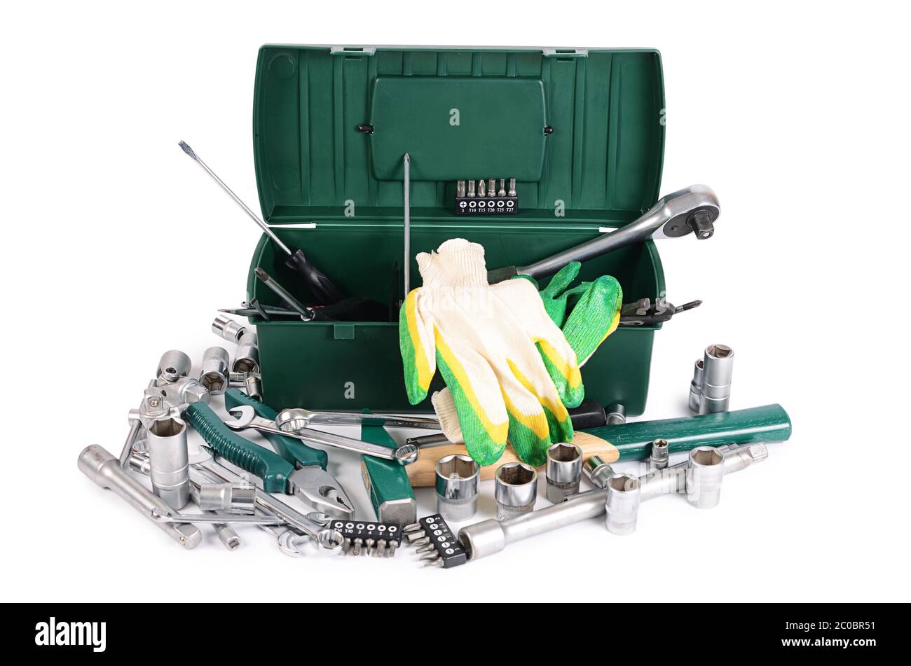 Boîte avec des outils de construction isolé Banque D'Images