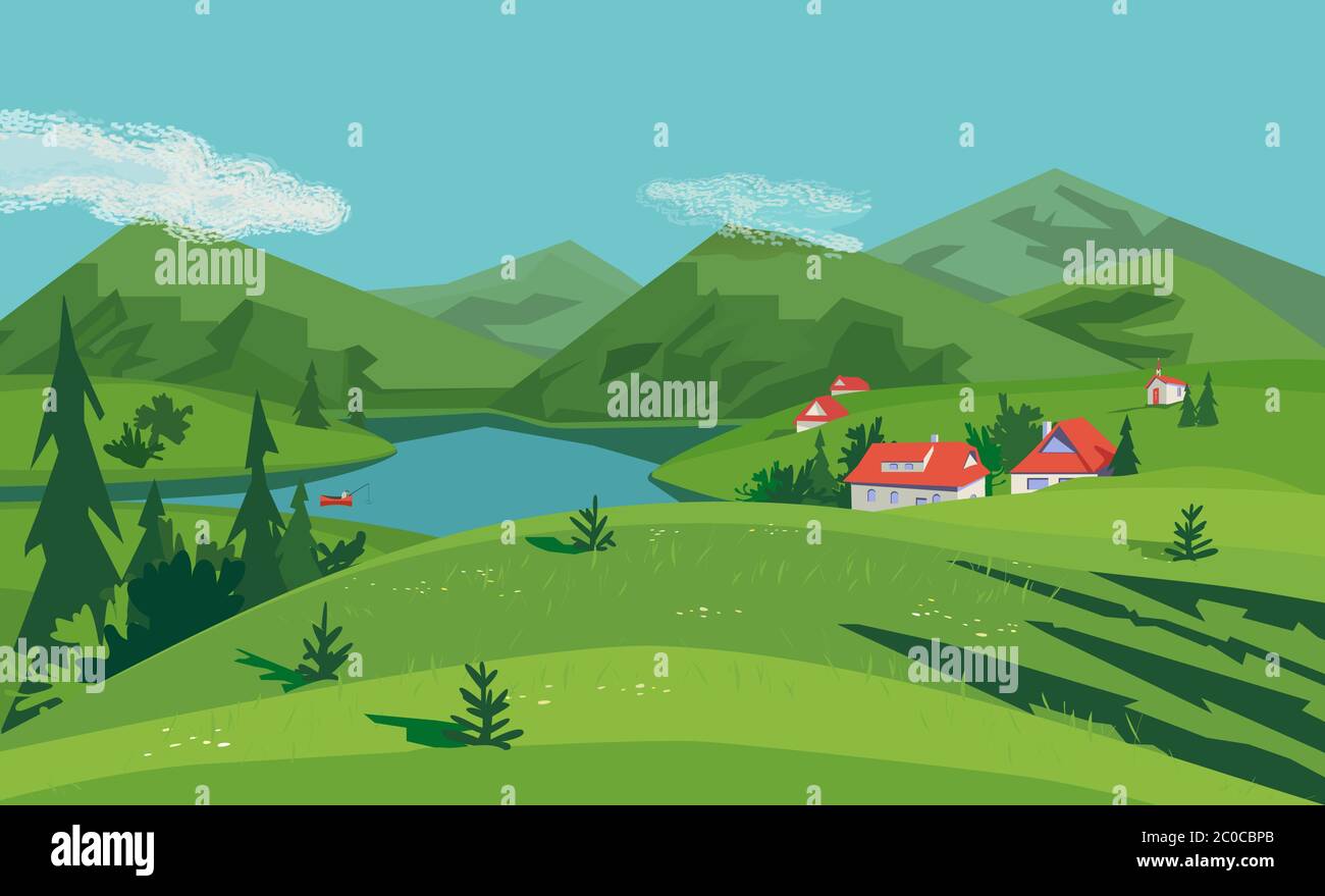 Paysage de la vallée verte de montagne. Affiche de vue panoramique sur le lac en été. Maisons sur la rive de la rivière dans les montagnes des Alpes. Dessin animé à main levée à l'extérieur style rétro. Illustration de Vecteur