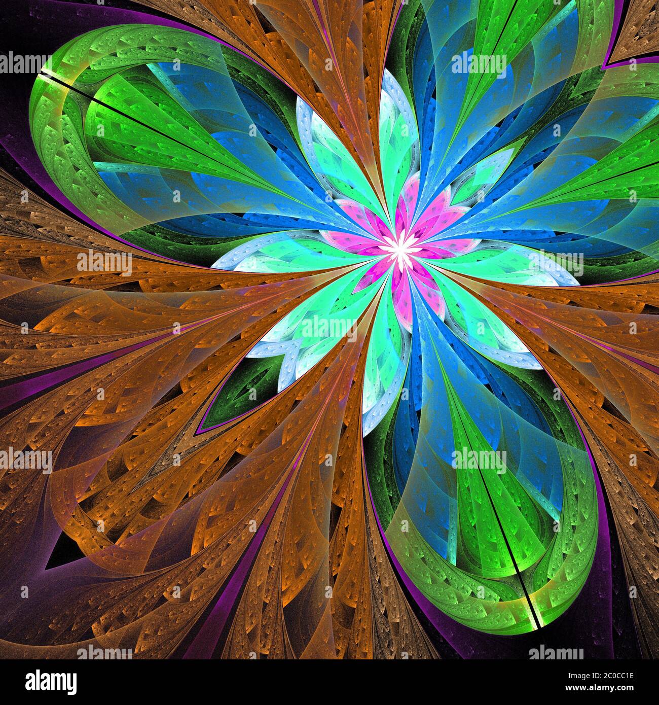 Fleur fractale multicolore en vert et brun. Graphiques générés par ordinateur. Banque D'Images