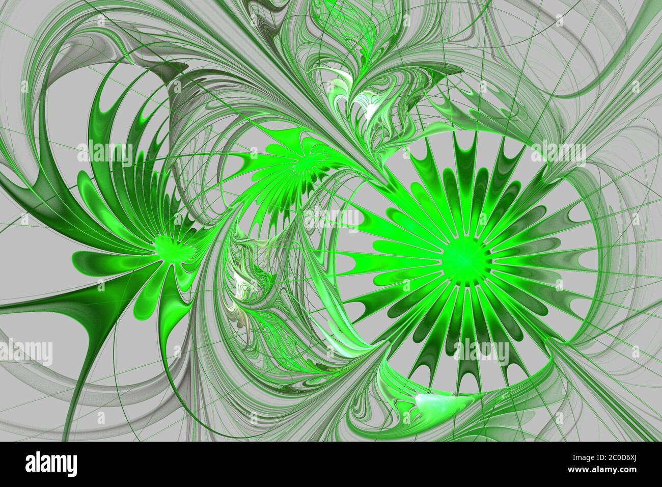 Fond floral. Palette verte et grise. Conception fractale. Graphiques générés par ordinateur. Banque D'Images
