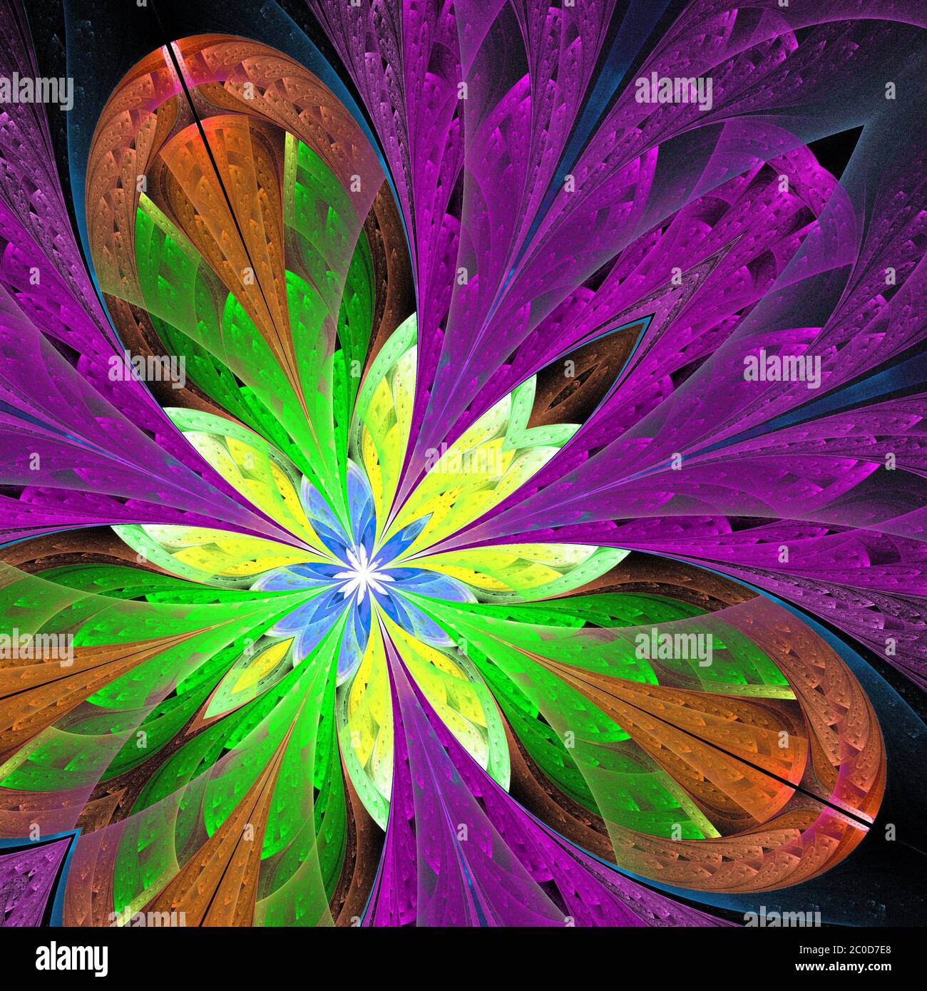 Fleur fractale multicolore en vert, violet et brun. Graphiques générés par ordinateur. Banque D'Images