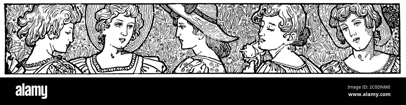 Femmes à la mode, séparateur de chapitre dans un livre. Illustration du XIXe siècle. Fond blanc. Banque D'Images