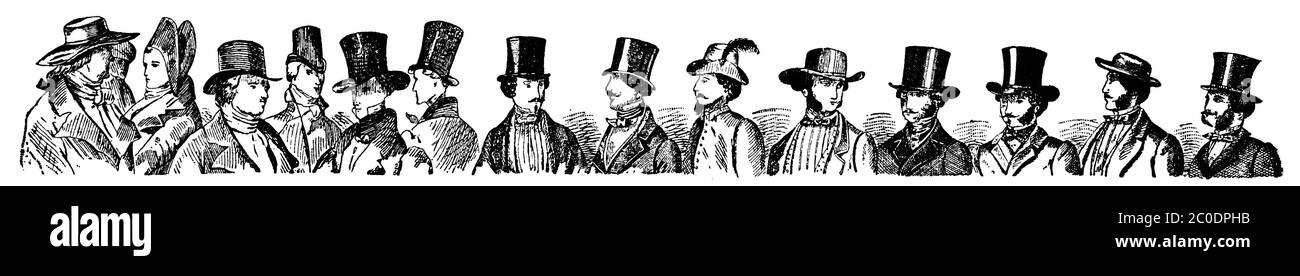 Hommes tendance en chapeaux, séparateur de chapitre dans un livre. Illustration du XIXe siècle. Fond blanc. Banque D'Images