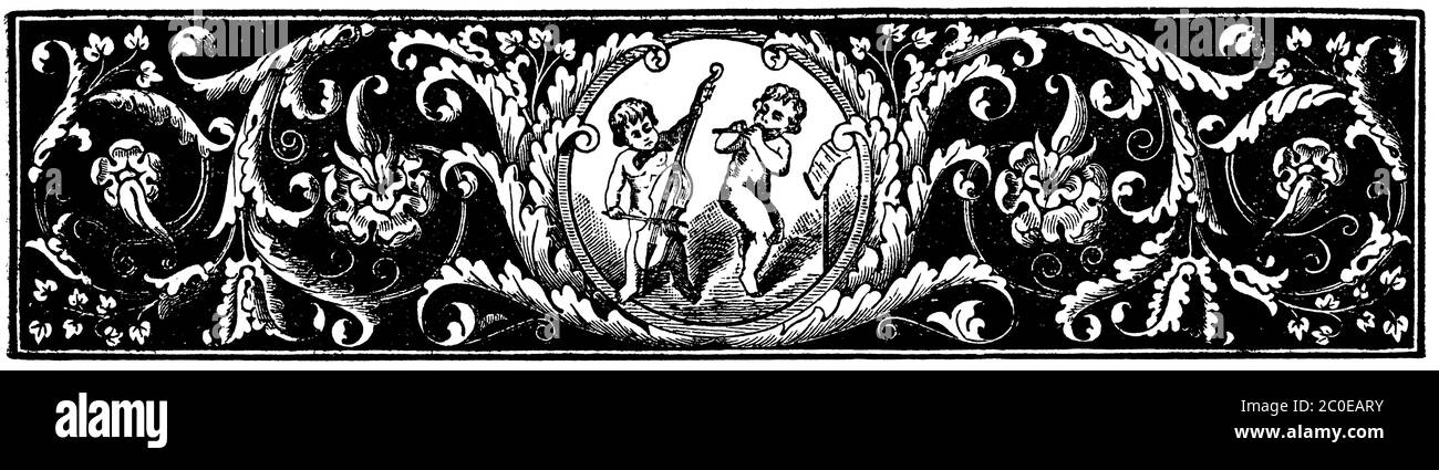 Décoration florale abstraite avec anges (cupids) jouant le violoncelle et la flûte. Séparateur de chapitres dans un livre. Illustration du XIXe siècle. Banque D'Images