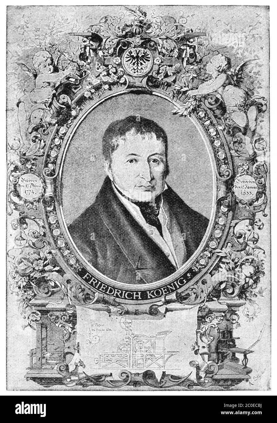 Portrait de Friedrich Koenig - inventeur allemand de la presse à vapeur haute vitesse. Illustration du XIXe siècle. Fond blanc. Banque D'Images