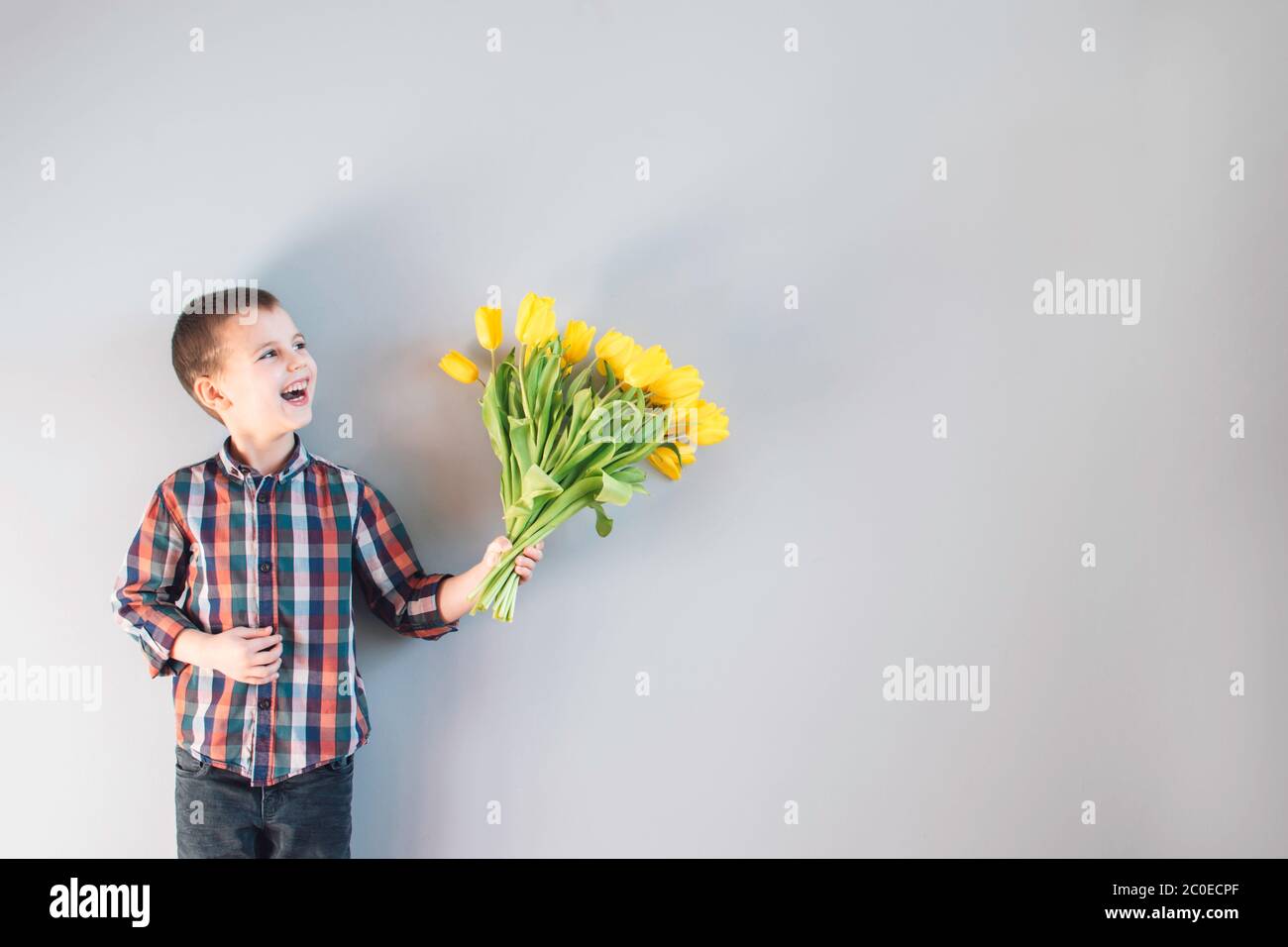 Un petit garçon gai dans une chemise de plaid tenant un grand bouquet de tulipes jaunes sur le fond gris. Espace de copie. Banque D'Images