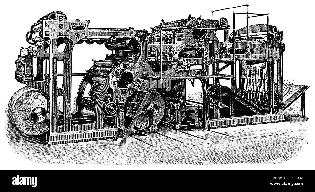 Machine rotative pour l'impression d'illustrations. Illustration du XIXe siècle. Fond blanc. Banque D'Images