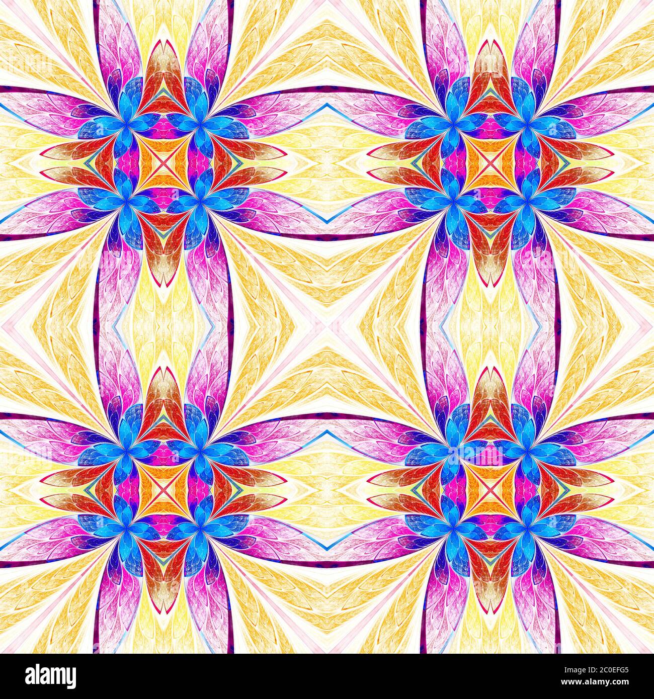 Motif floral symétrique en vitraux sur la lumière. Palette de couleurs bleu, rose et beige. Graphiques générés par ordinateur. Banque D'Images