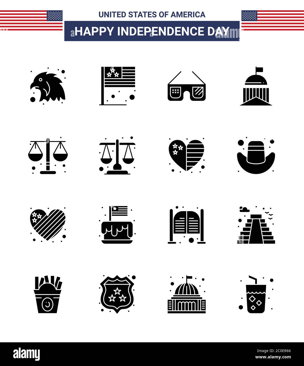16 USA Solid Glyph Pack de l'indépendance signes et symboles de la justice; irlandais; lunettes; irlande; drapeau modifiable USA Day Vector Design éléments Illustration de Vecteur