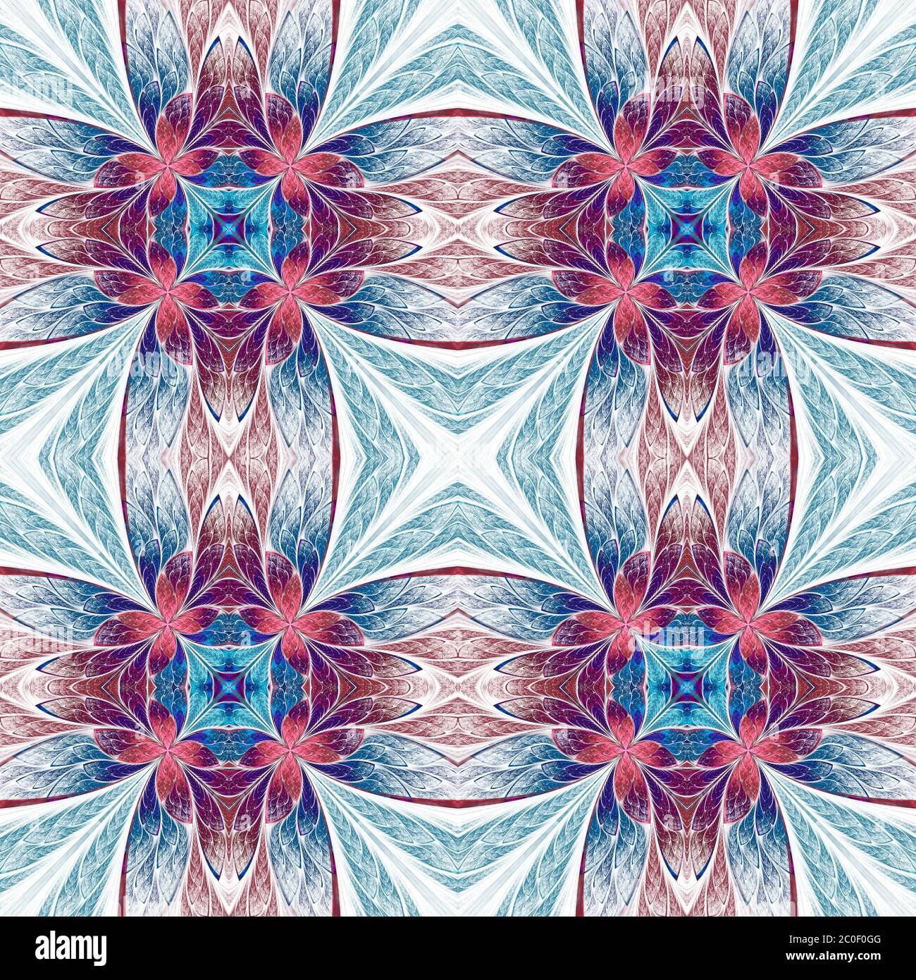 Motif floral symétrique en vitraux sur la lumière. Palette bleue, rose et violette. Graphiques générés par ordinateur. Banque D'Images