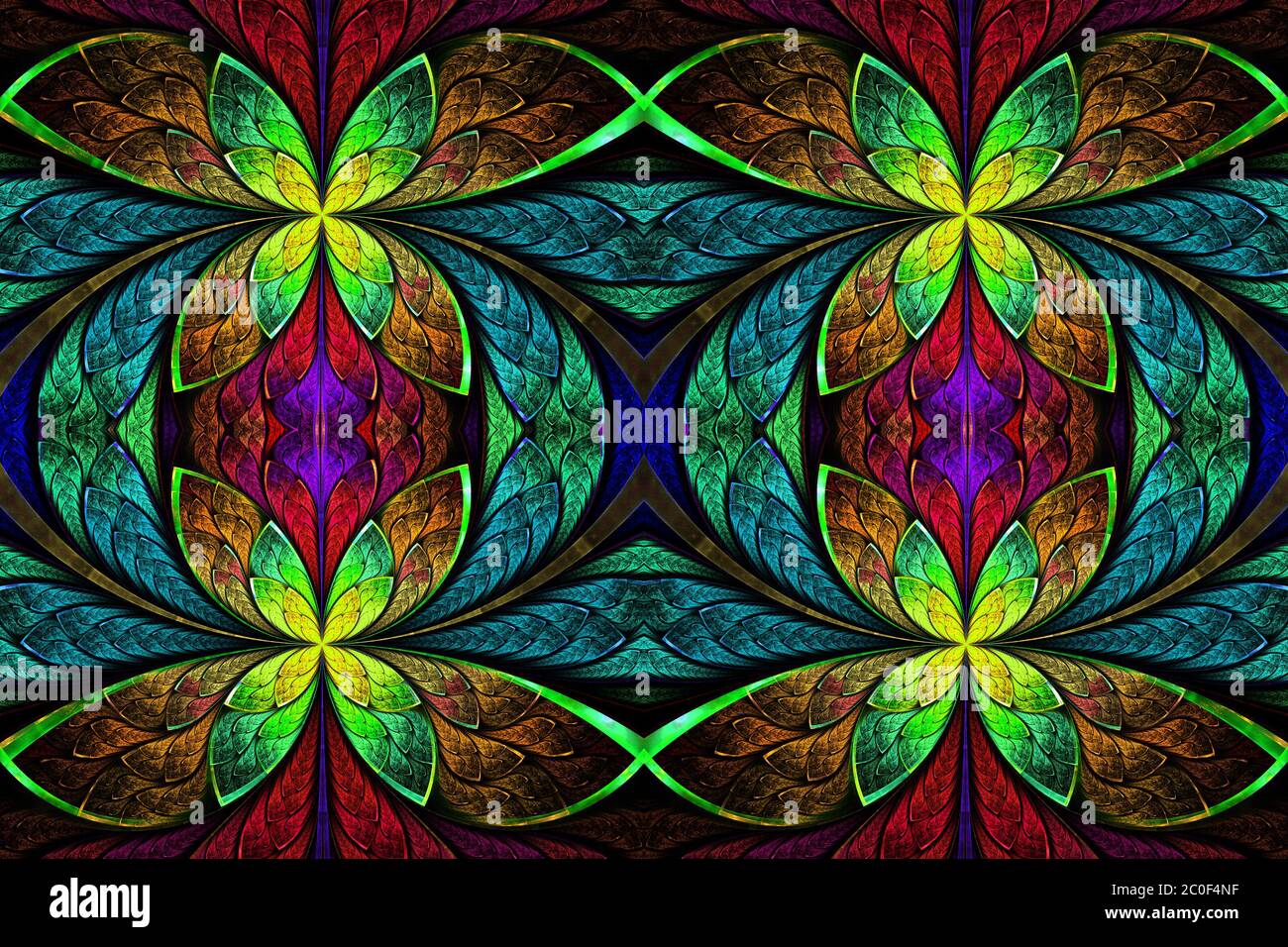 Motif symétrique multicolore dans le style de fenêtre en vitrail. Sur le noir. Graphiques générés par ordinateur. Banque D'Images