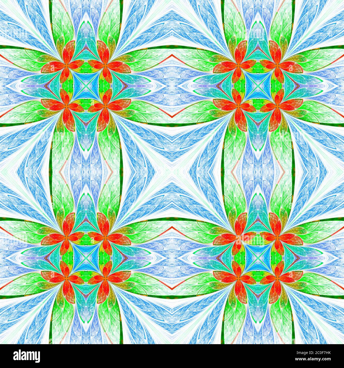 Motif floral symétrique en vitraux sur la lumière. Palette verte, bleue et rouge. Graphiques générés par ordinateur. Banque D'Images