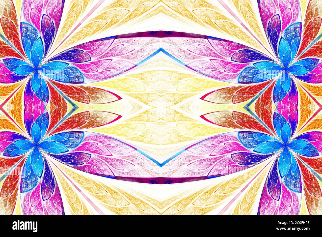 Motif floral symétrique en vitraux sur la lumière. Palette de couleurs bleu, rose et beige. Graphiques générés par ordinateur. Banque D'Images