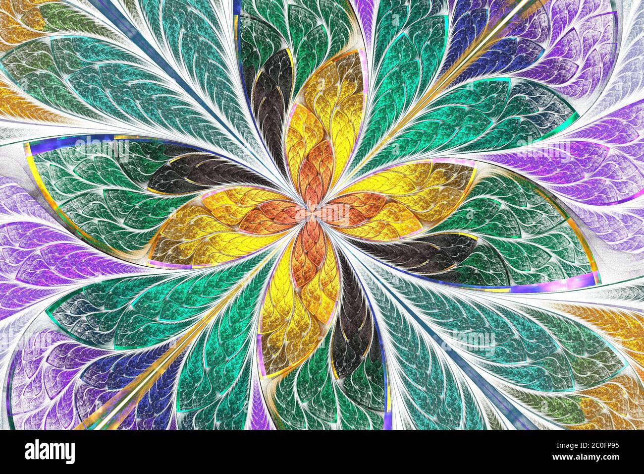 Fleur fractale multicolore ou papillon en vitrail de style fenêtre sur lumière. Graphiques générés par ordinateur. Banque D'Images