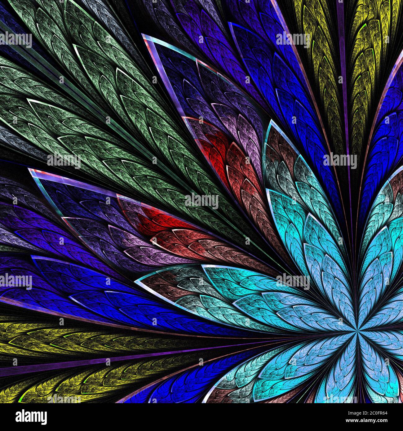Fleur fractale multicolore sur fond noir. Graphiques générés par ordinateur. Banque D'Images
