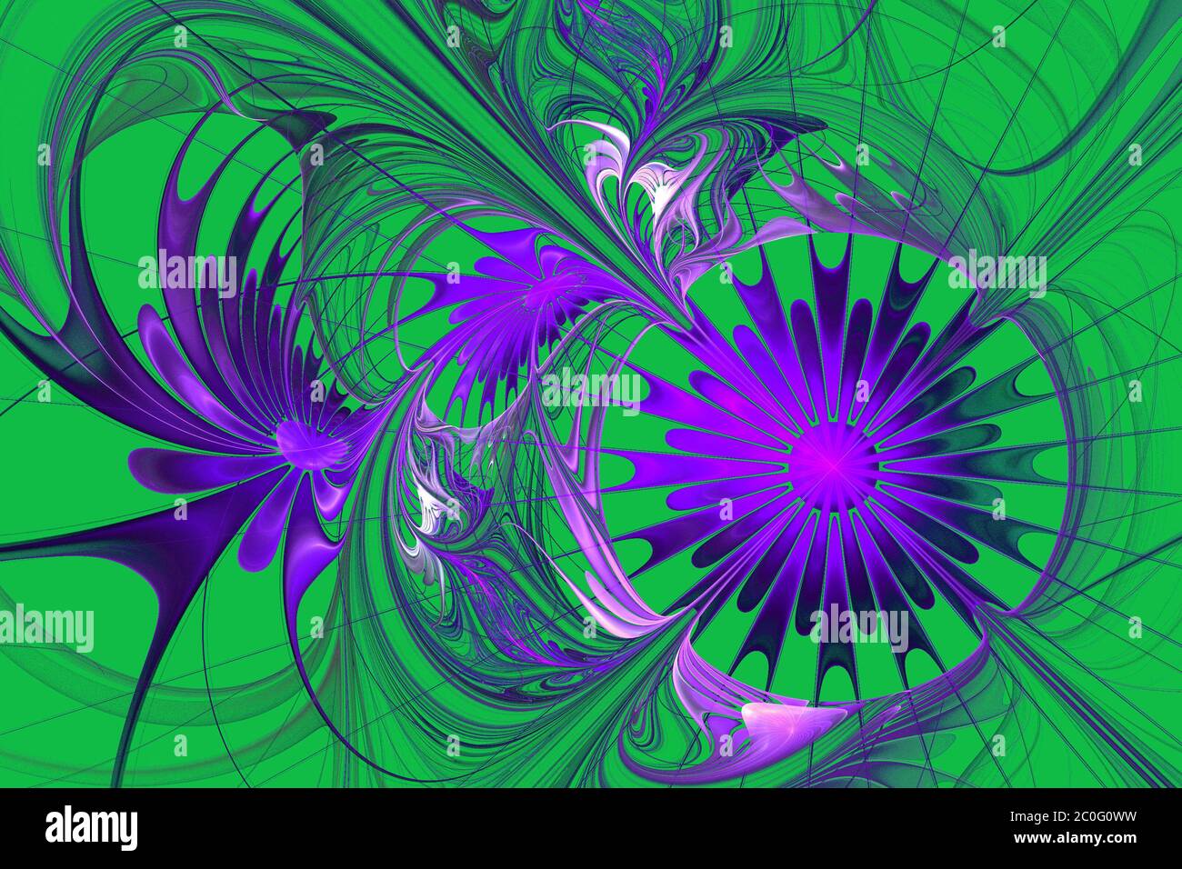 Fond floral. Palette violet et vert. Conception fractale. Graphiques générés par ordinateur. Banque D'Images