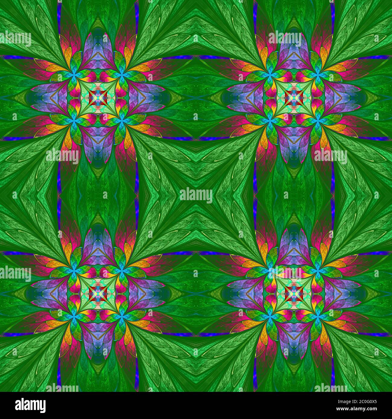 Motif floral multicolore symétrique de style vitrail sur le dos vert. Graphiques générés par ordinateur. Banque D'Images