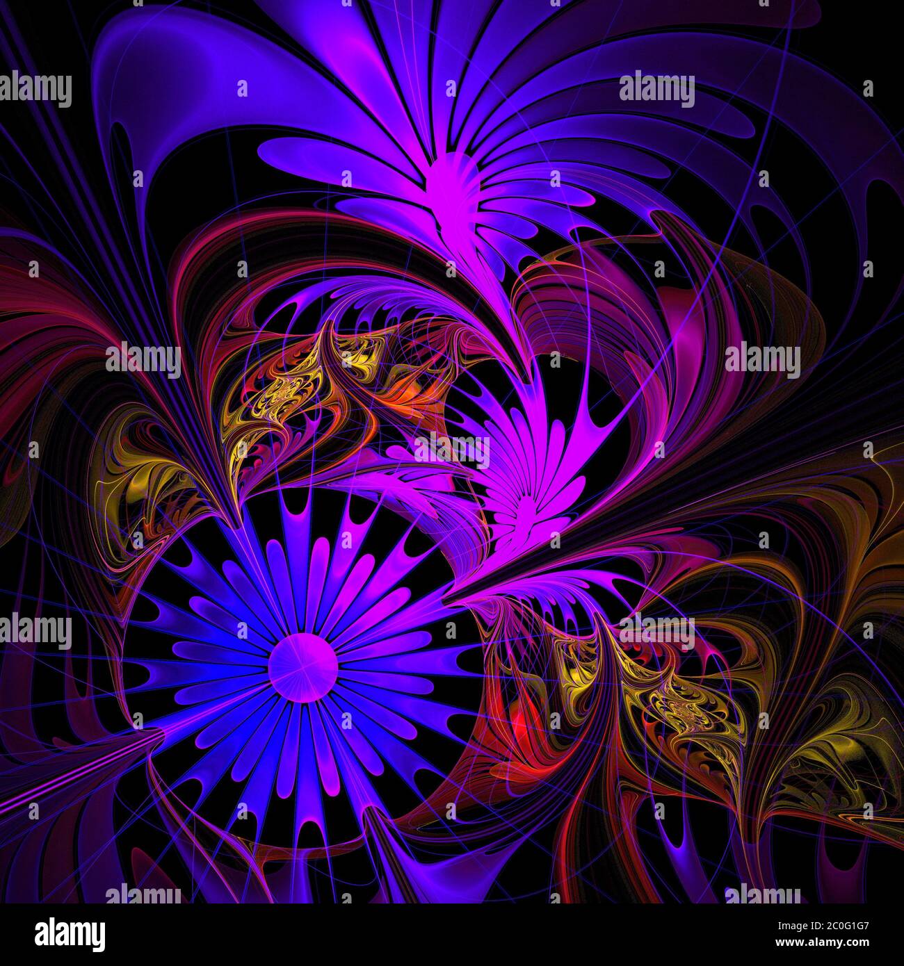 Fond floral. Palette bleue et violette. Conception fractale. Graphiques générés par ordinateur. Banque D'Images