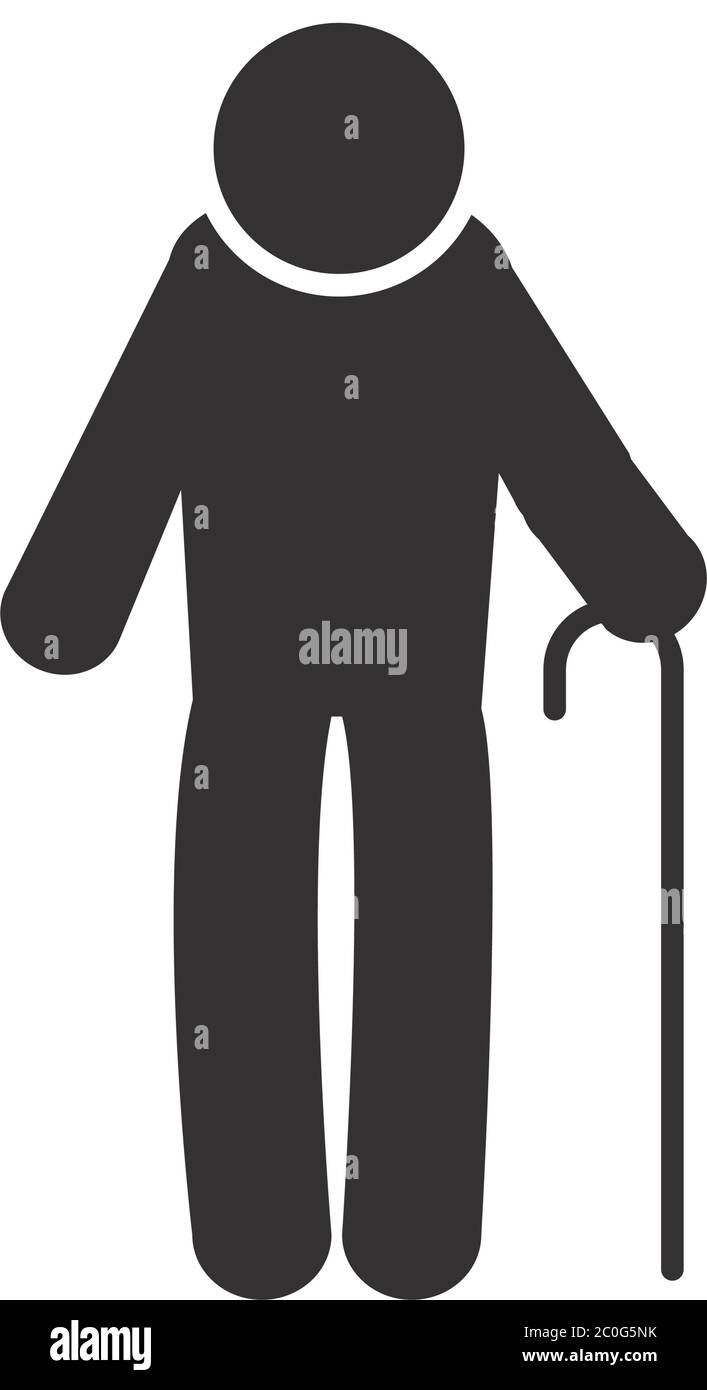 pictogramme vieil homme avec une canne sur fond blanc, style silhouette, illustration vectorielle Illustration de Vecteur