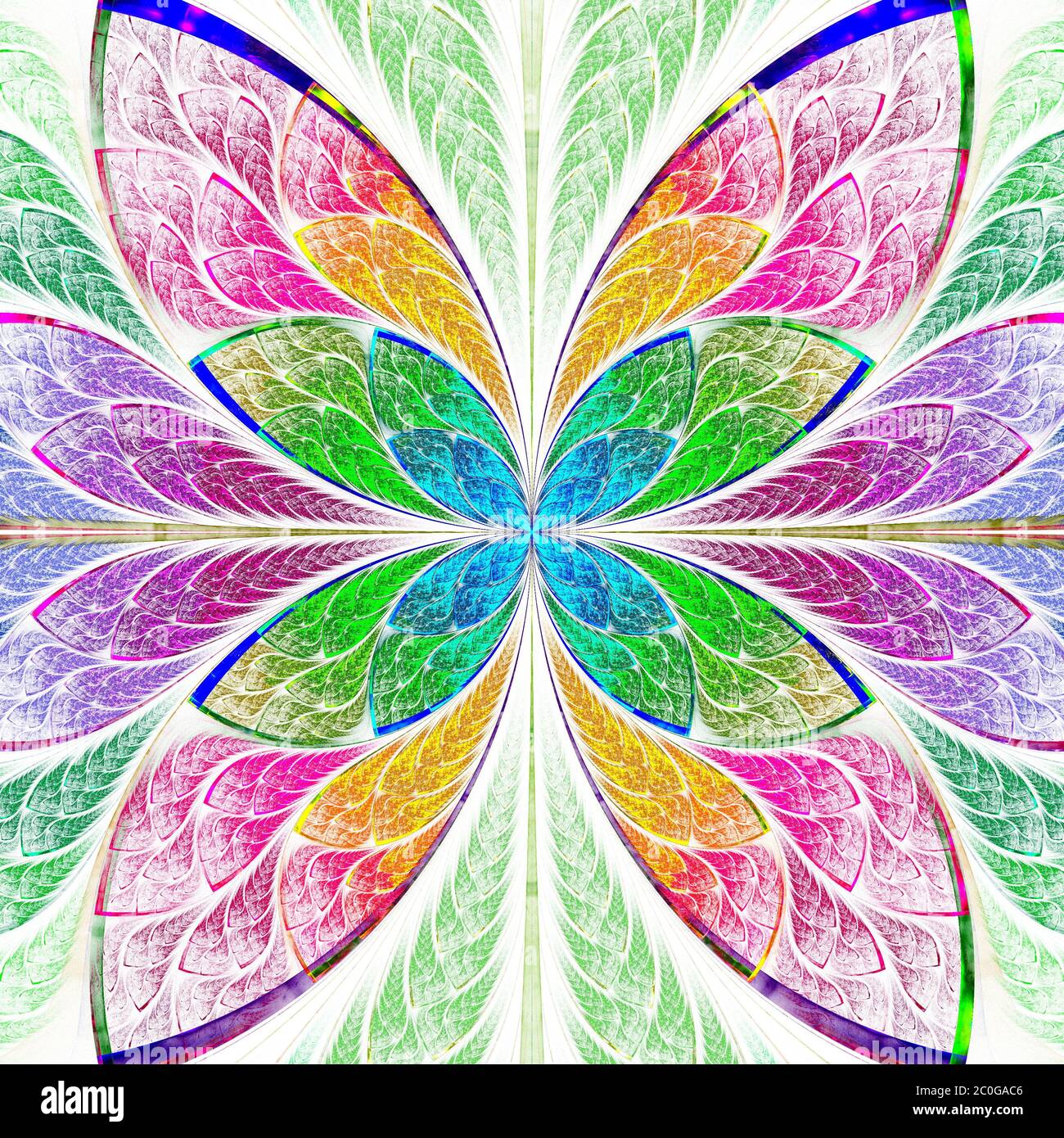 Fleur fractale multicolore symétrique en verre teinté. Graphiques générés par ordinateur. Banque D'Images