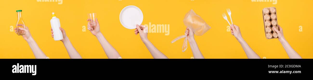 Jetez le tri sélectif des déchets ménagers au concept de poubelle de recyclage. Montage photo collage de personnes mains portant différents types d'isolat de rubis Banque D'Images