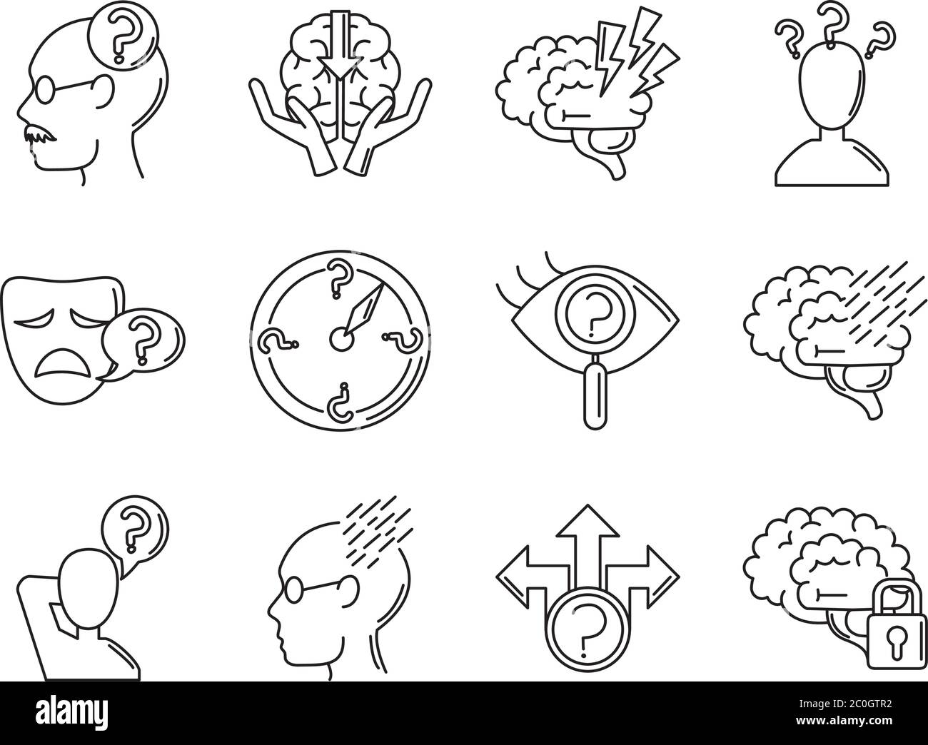 maladie d'alzheimer, diminution de la capacité mentale humaine icônes définir le style de ligne d'illustration de vecteur Illustration de Vecteur