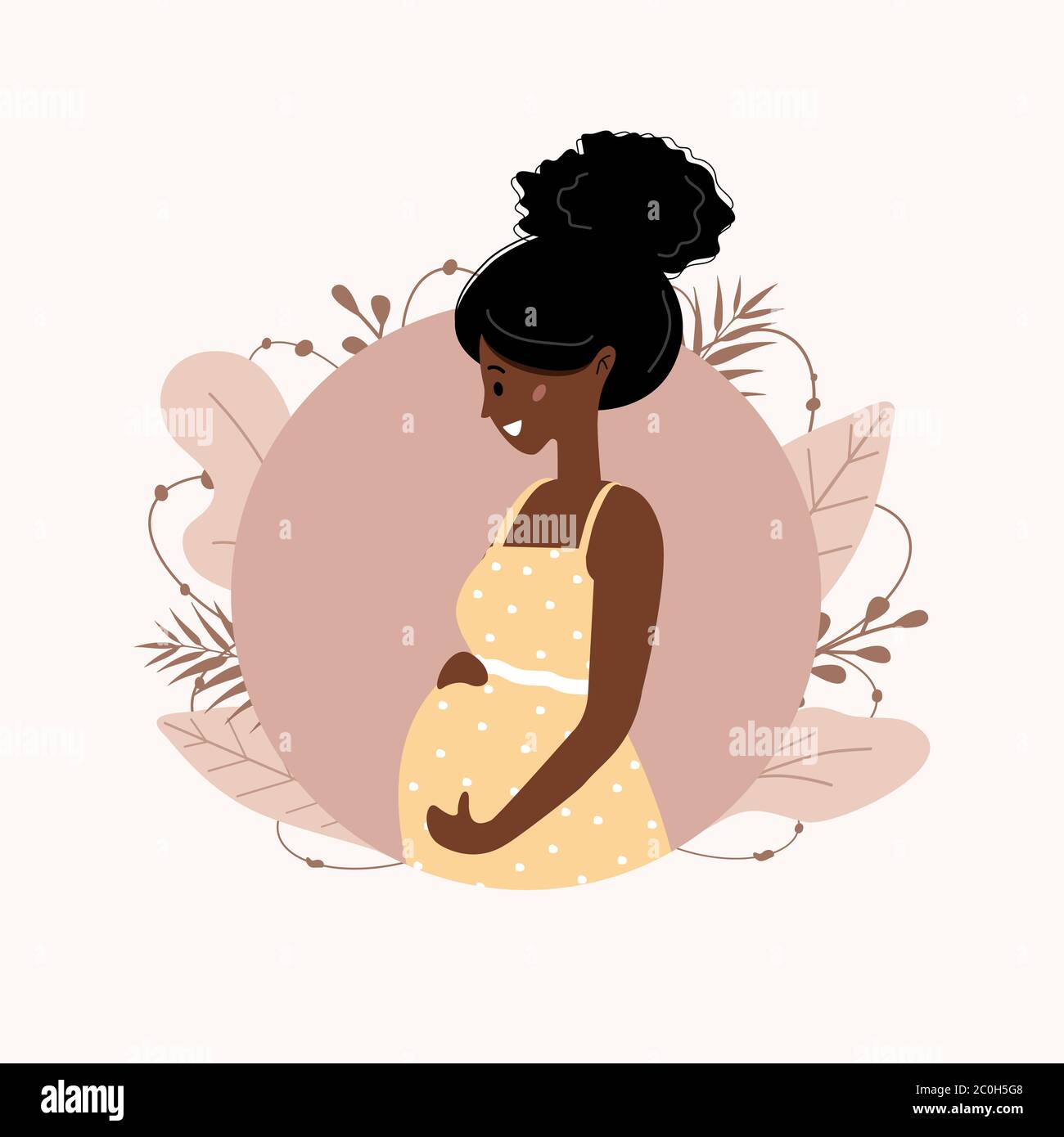 Jolie femme enceinte heureuse. Belle fille africaine attendant bébé. Illustration vectorielle moderne de style plat. Illustration de Vecteur