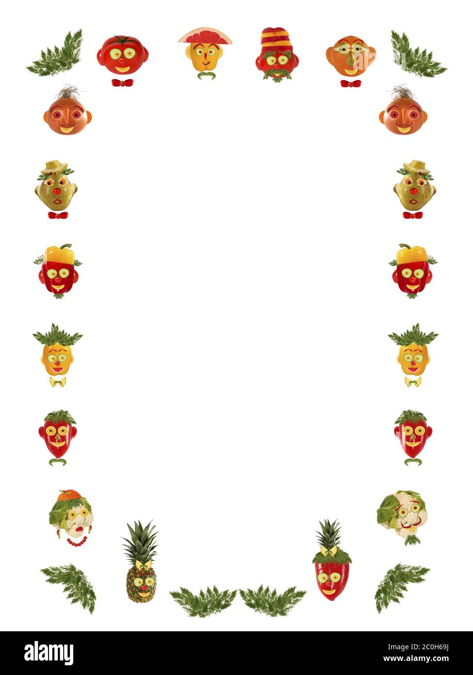 Différents visages, fait de légumes et de fruits - cadre. Banque D'Images
