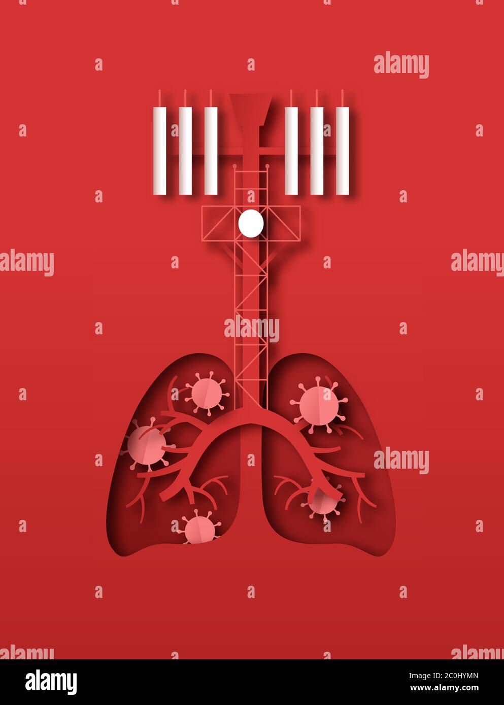 Maladie du coronavirus illustration de la tour de 5 g en forme de poumon infectée par le nouveau covid-19. Conception médicale de papier pour les technologies mobiles dangereuses Illustration de Vecteur
