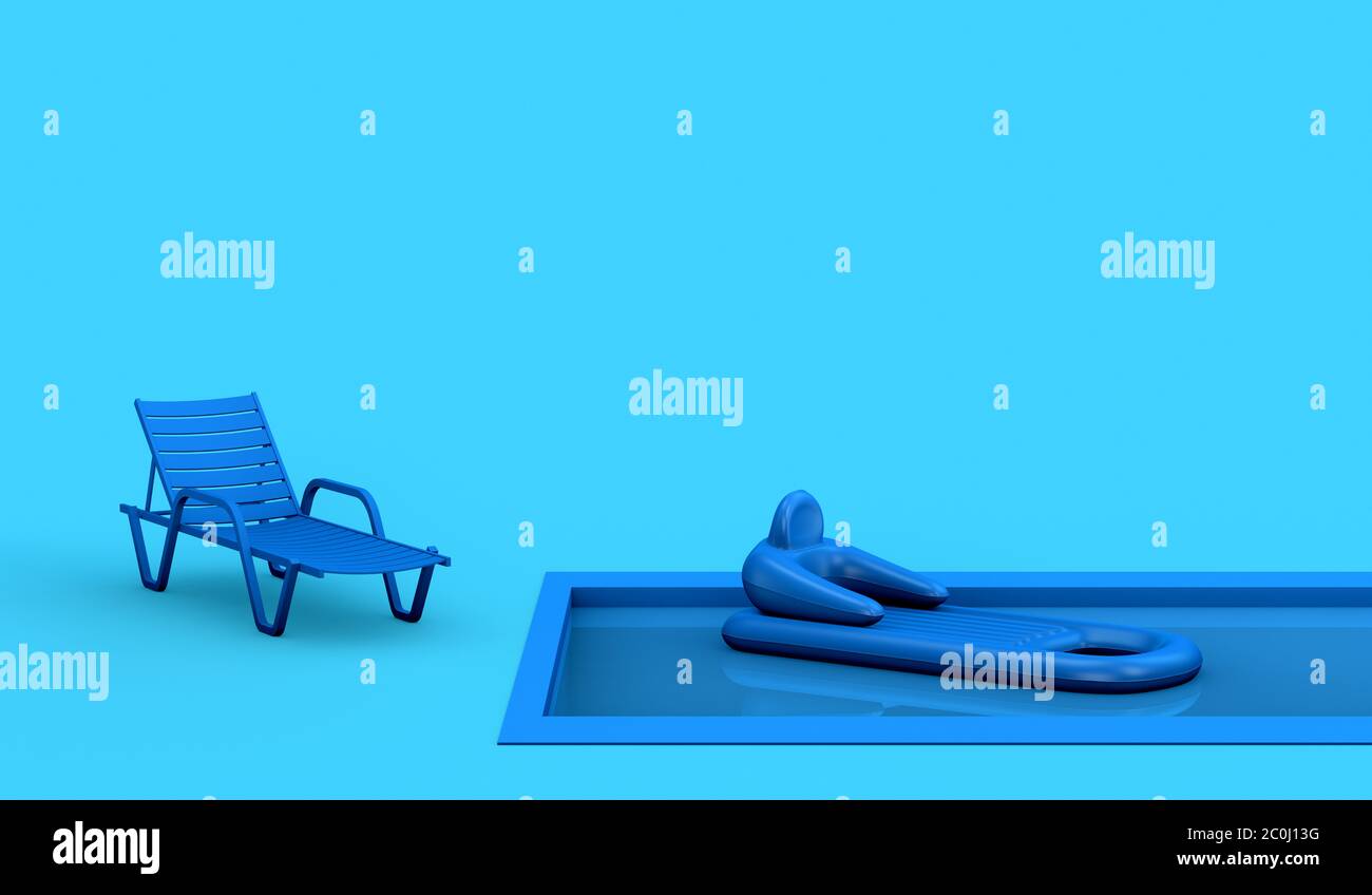 Chaise longue de plage dans une piscine avec gonflable sur l'eau dans un fond bleu pastel. Concept été et vacances. Illustration 3D. Banque D'Images