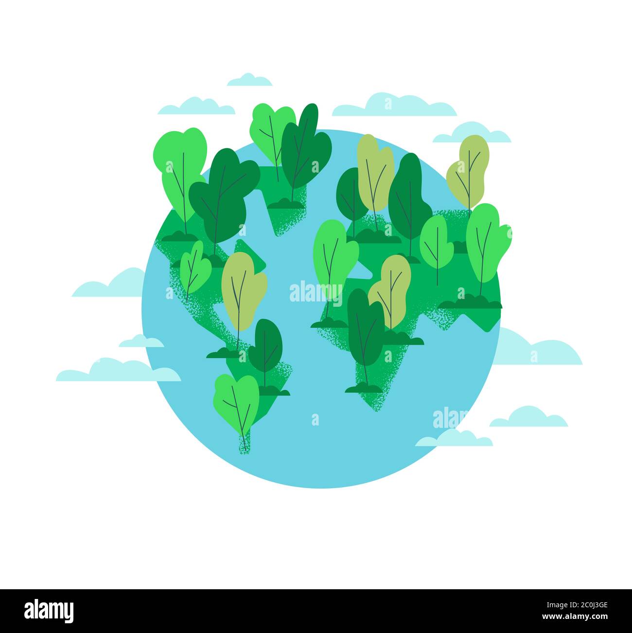 Illustration de dessin animé plat de la Terre de la planète avec forêt d'arbres verts pour l'aide environnementale ou concept écologique sur fond blanc isolé. Illustration de Vecteur