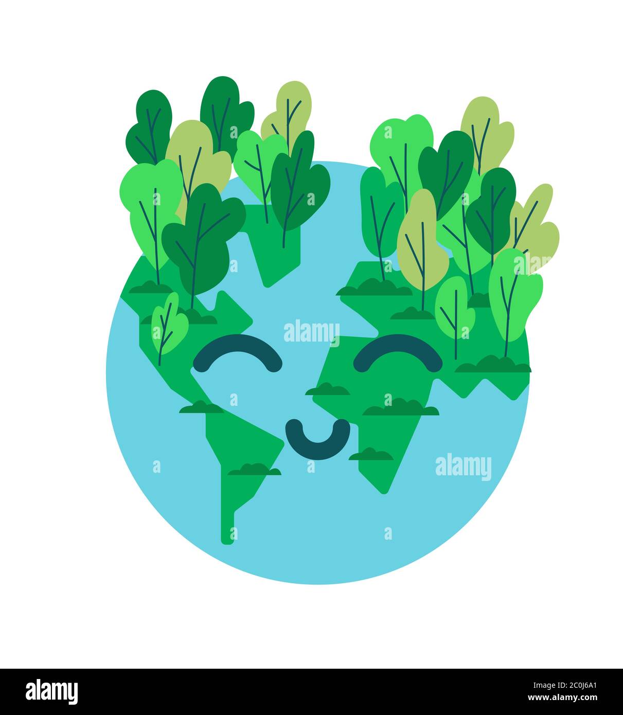 Bonne planète Terre plat dessin animé visage smiley avec forêt d'arbres verts pour l'aide de l'environnement ou concept écologique sur fond blanc isolé. Illustration de Vecteur