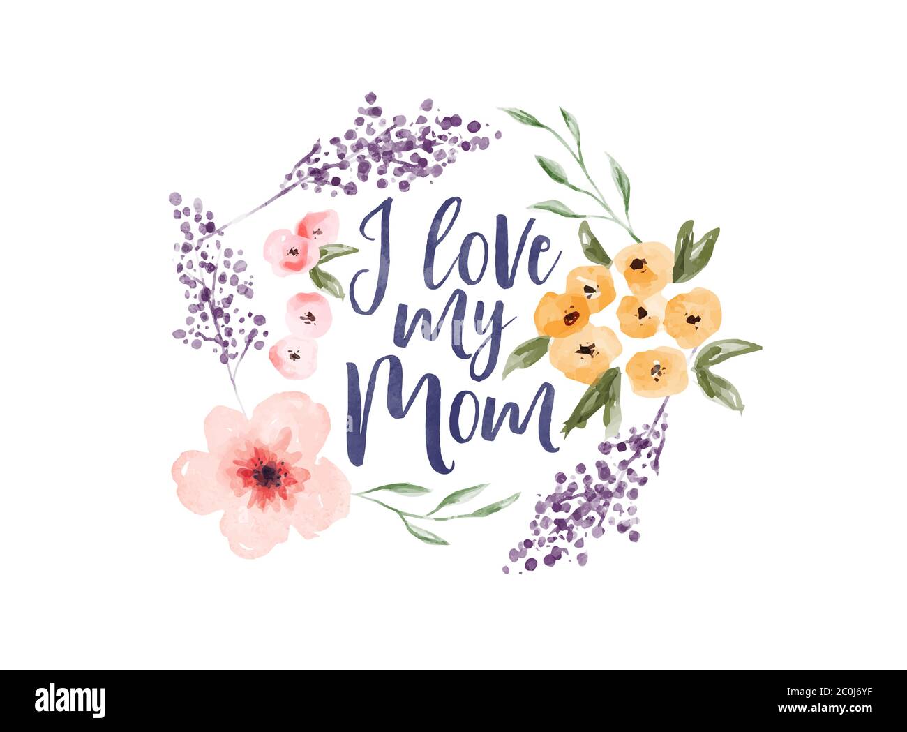 J'aime ma mère, carte de vœux de fête des mères typographie citation avec dessin main aquarelle décoration de fleur pour les vacances de femmes ou cadeau de mère. Illustration de Vecteur