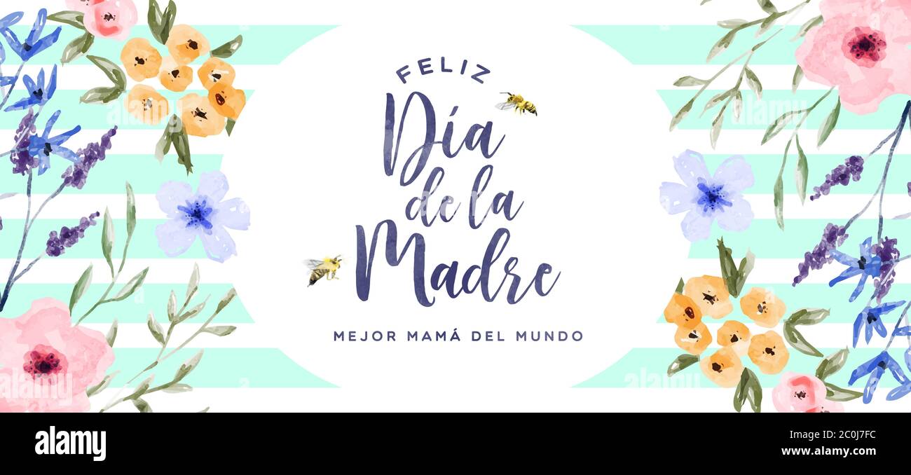 Bannière carte de voeux Happy Mother's Day en espagnol, fleurs d'aquarelle dessinées à la main et abeilles de jardin. Femmes vacances famille florale décoration de printemps Illustration de Vecteur