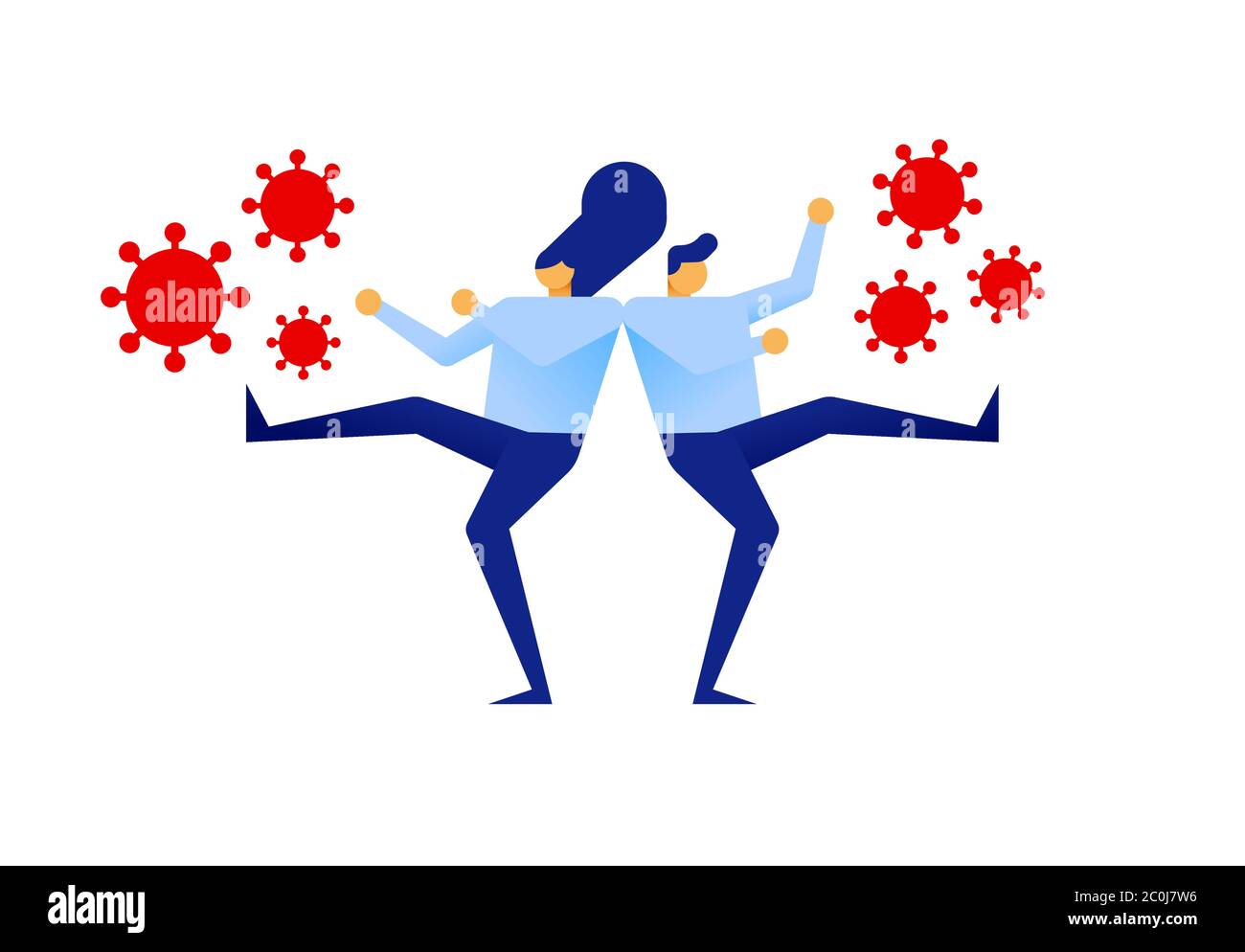 L'homme et la femme qui combattent le coronavirus ensemble pour guérir une épidémie pandémique ou arrêter le concept du virus corona sur fond blanc isolé. Illustration de Vecteur