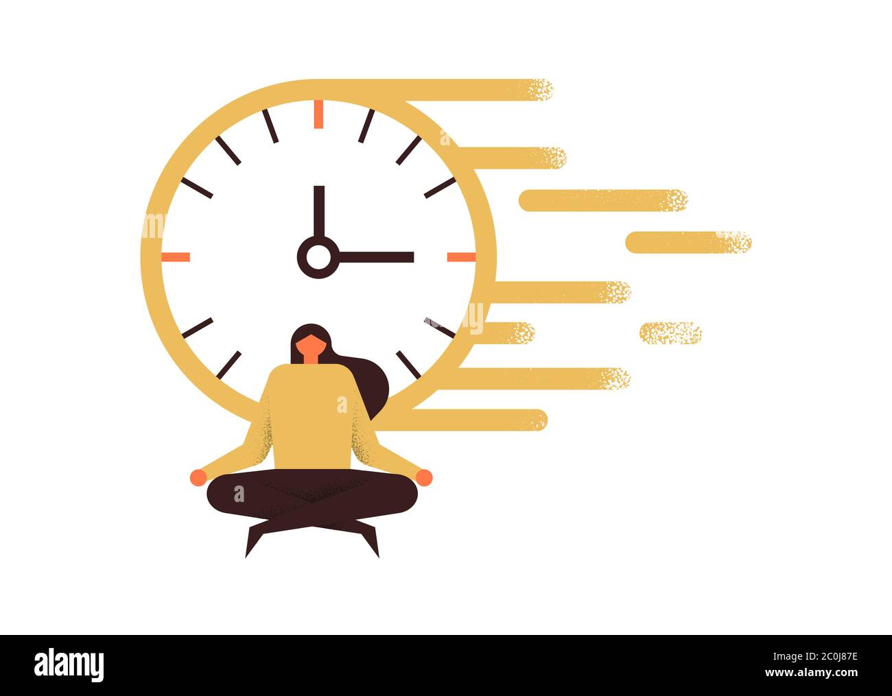 Concept d'exercice de yoga, illustration moderne plate de la femme avec horloge rapide pour la concentration ou le temps de détente sur fond blanc isolé. Illustration de Vecteur