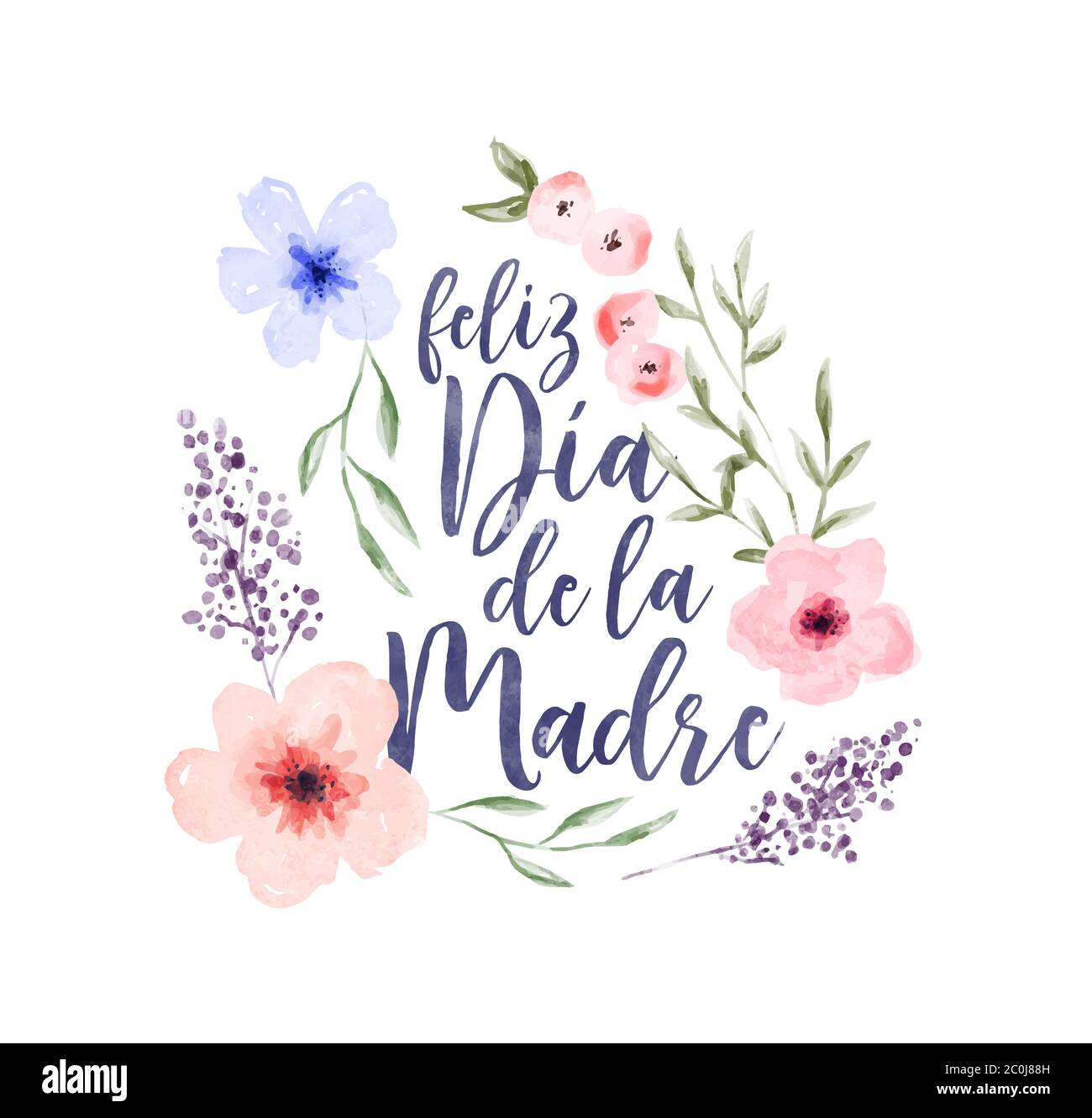 Carte de vœux de la fête des mères avec citation typographique colorée de fleur de printemps aquarelle traduite en espagnol. Illustration de Vecteur