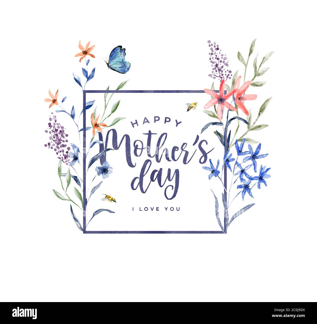 Carte de vœux de la fête des mères illustration d'un cadre de fleur aquarelle dessiné à la main avec abeille et papillon de jardin. Décoration de style vintage pour la nature Illustration de Vecteur