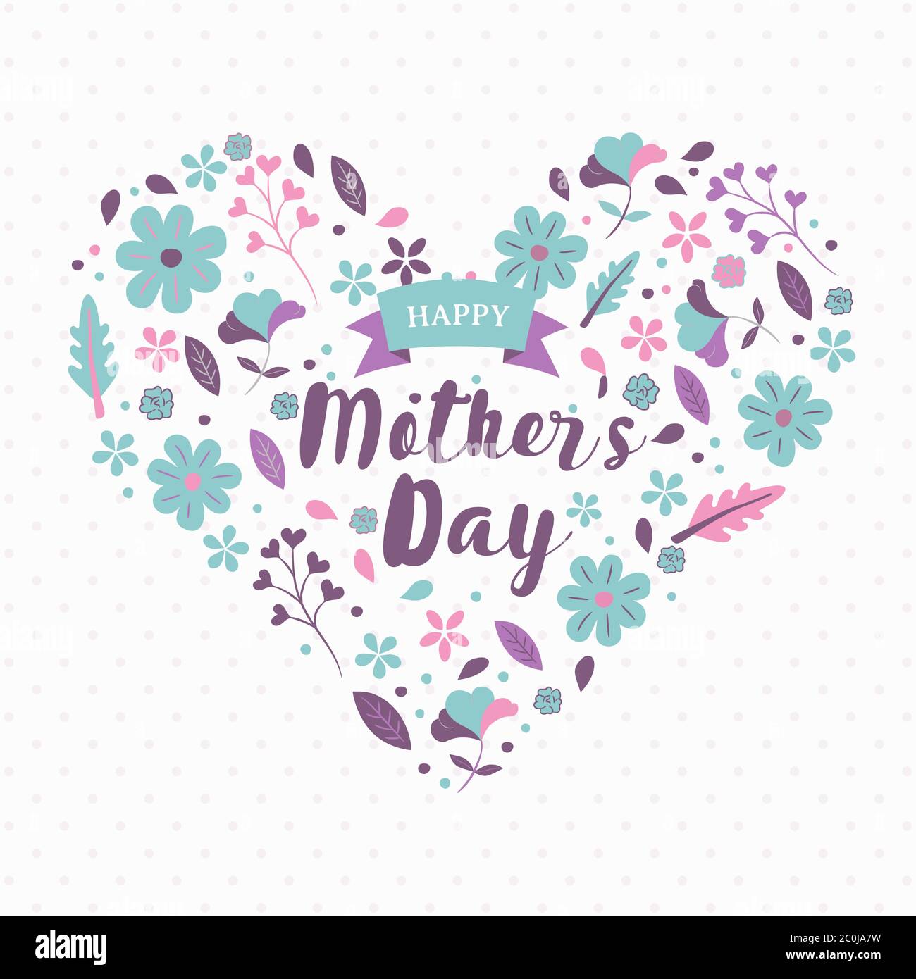 Carte de voeux de fête des mères de fleurs de printemps icônes en forme de coeur pour les vacances d'amour de mère. Fleurs dessinées à la main gribouillages en pâte mignonne Illustration de Vecteur