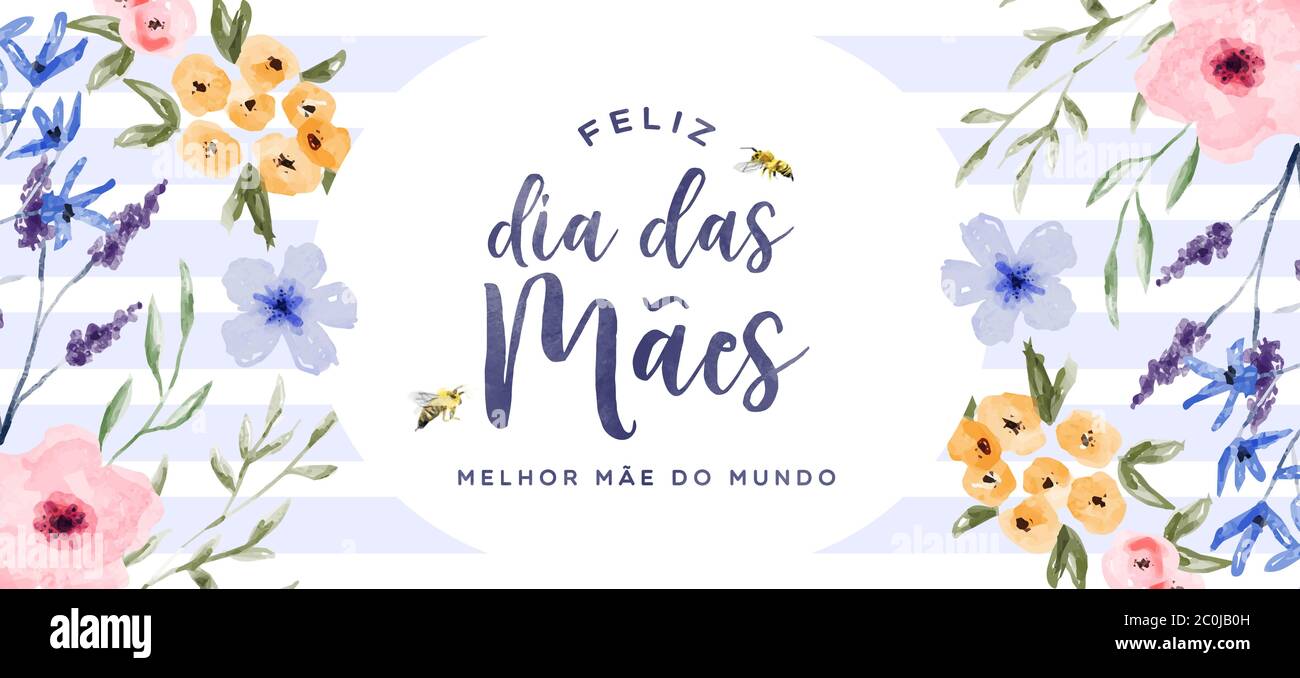 Bonne fête des mères bannière carte de voeux en langue portugaise, fleurs aquarelle dessinées à la main et abeilles de jardin. Femmes vacances famille florale printemps déco Illustration de Vecteur