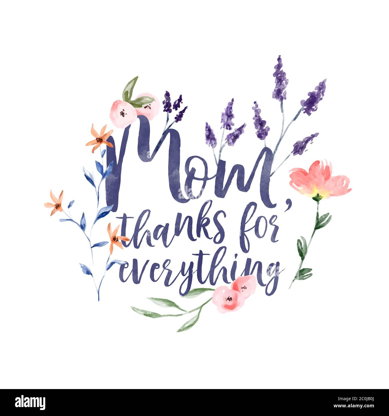 Maman merci pour tout, carte de vœux de fête des mères typographie citation avec la main de fleurs aquarelle décoration, des vacances de femmes ou une mère reconnaissante Illustration de Vecteur