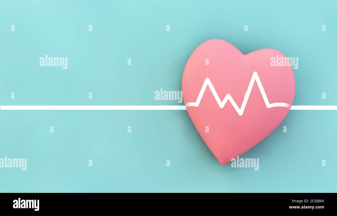 cœur rose sur fond bleu rendu 3d avec illustration du rythme cardiaque Banque D'Images