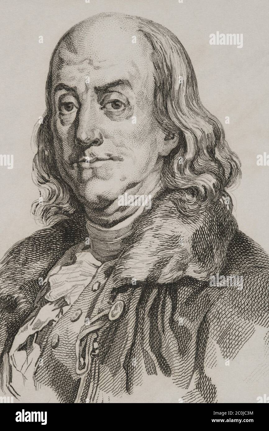 Benjamin Franklin (1706-1790). Científico, inventeur y político estadounidense. En 1776 redactó, junto a Jefferson y John Adams, la Declaración de Independencia de los Estados Unidos de América. Grabado por Lemaitre. Panorama universel. Historia de los Estados Unidos de América, por Roux de Rochelle. Edición española, impresa en Barcelona,1850. Banque D'Images