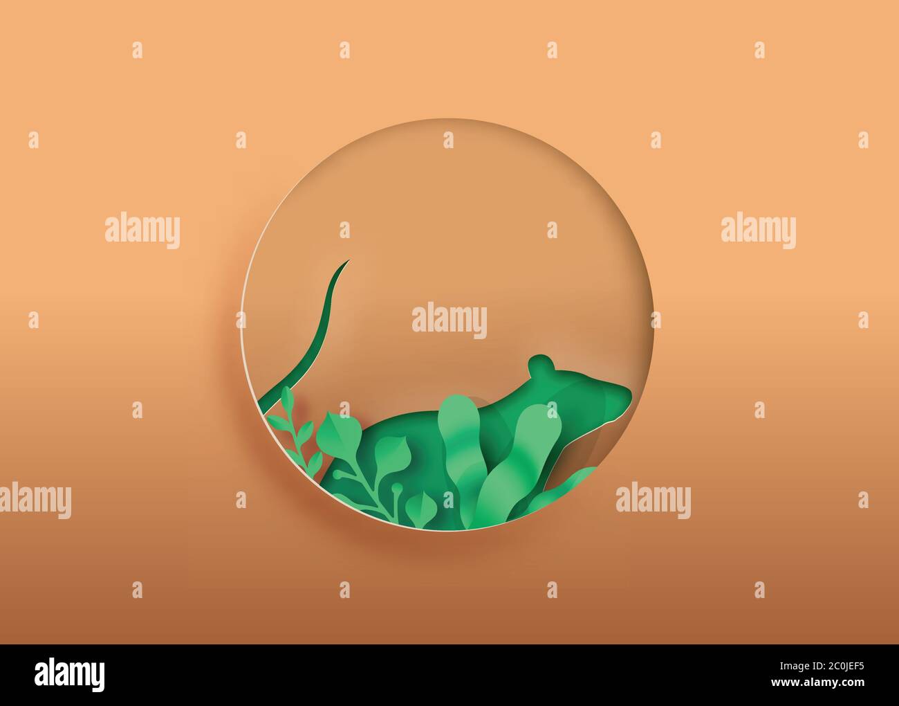 Illustration de la coupe de papier de rat avec feuille de plante verte, découpe de forme de cercle pour le soin des animaux de compagnie, l'éducation ou le concept écologique de lutte antiparasitaire. M réaliste Illustration de Vecteur