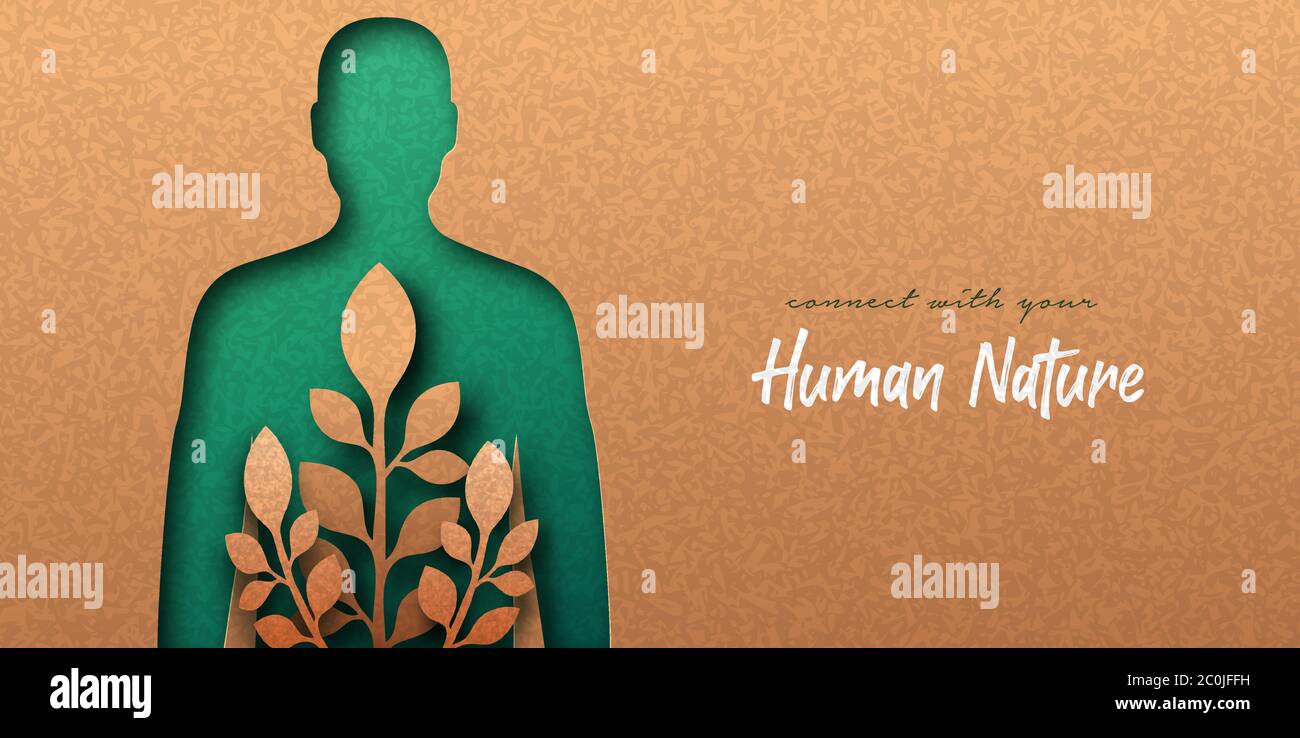 Illustration de la coupe de papier vert avec feuille de plante poussant à l'intérieur. Personnes écologiques mode de vie, lien avec la nature ou concept de médecine naturelle. Homme na Illustration de Vecteur