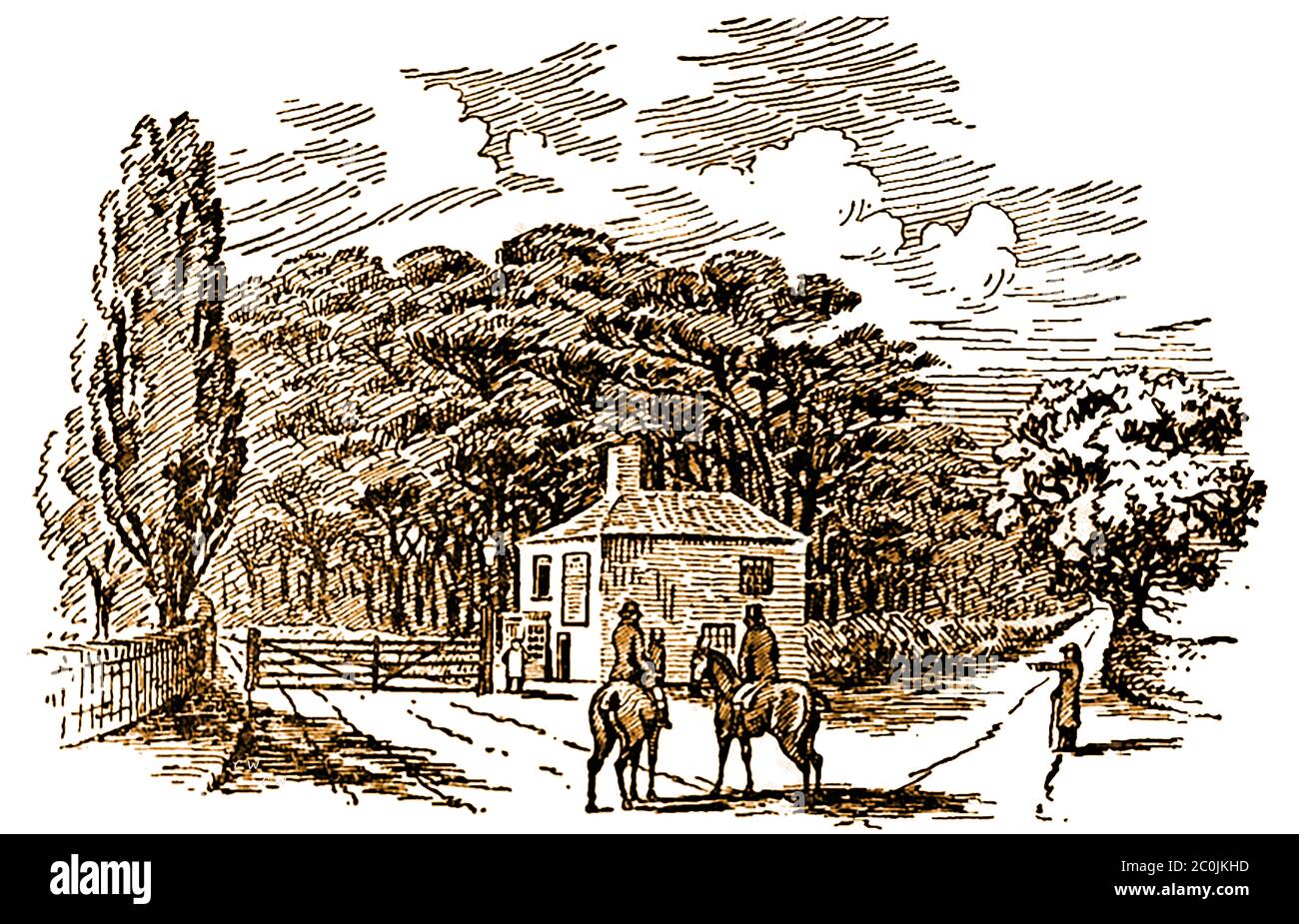 Ancien croquis du péage de Barnsdale pendant l'ère de l'entraînement. L'ancien péage de Barnsdale ou 'bar', qui était situé à la jonction entre la Great North Road (York à Edinbrough) et la Pontefract Road pendant l'ère des autocars tirés par des chevaux, avant la croissance des chemins de fer Banque D'Images